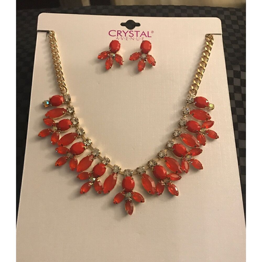 18KYGP Coral Crystal Necklace/Earrings